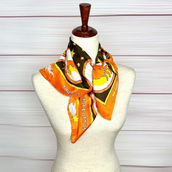 Burmel Silk Blend Scarf Vintage Zodiac Astrology Orange Brown Yellow 26x26" - Picture 5 of 10